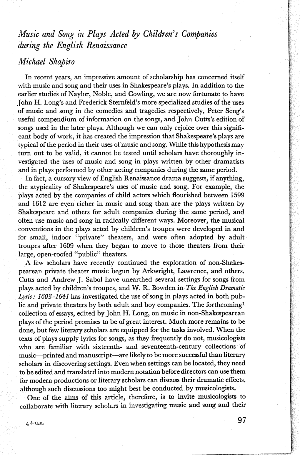 Music and Song in Plays Acted by Children's Companies During the English Renaissance Michael Shapiro