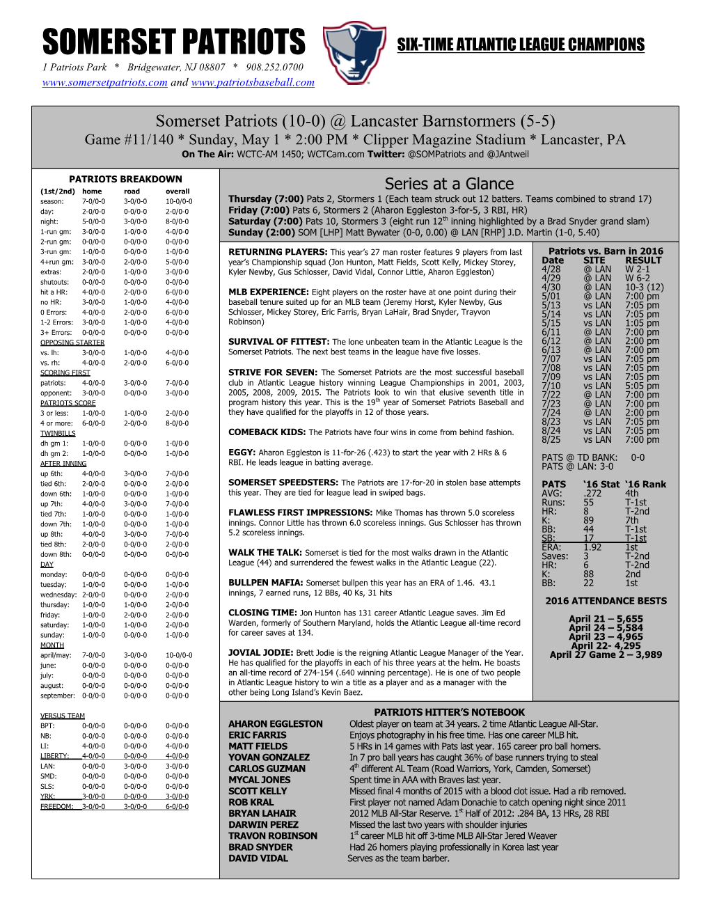 SOMERSET PATRIOTS SIX-TIME ATLANTIC LEAGUE CHAMPIONS 1 Patriots Park * Bridgewater, NJ 08807 * 908.252.0700 And