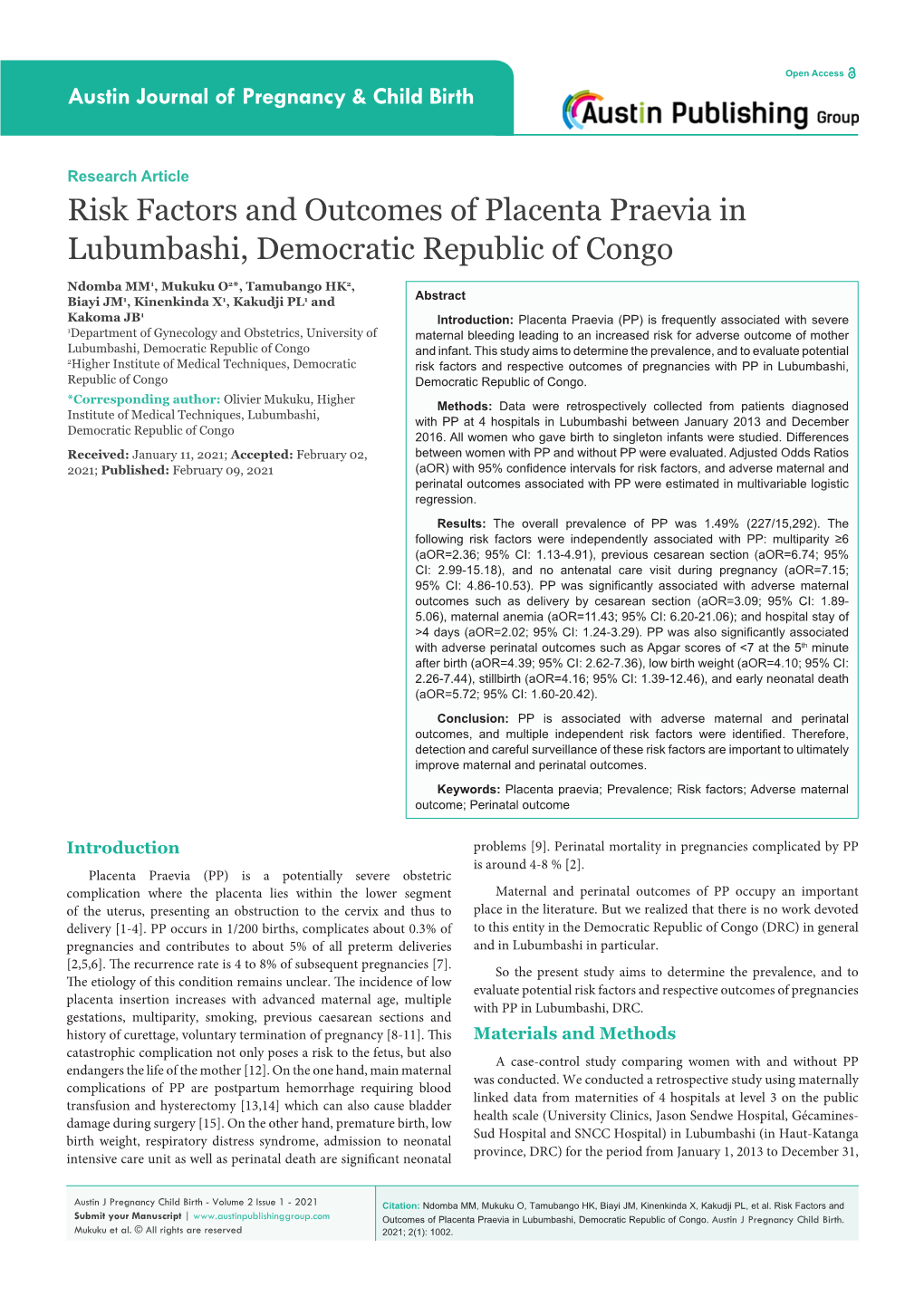 Risk Factors and Outcomes of Placenta Praevia in Lubumbashi, Democratic Republic of Congo