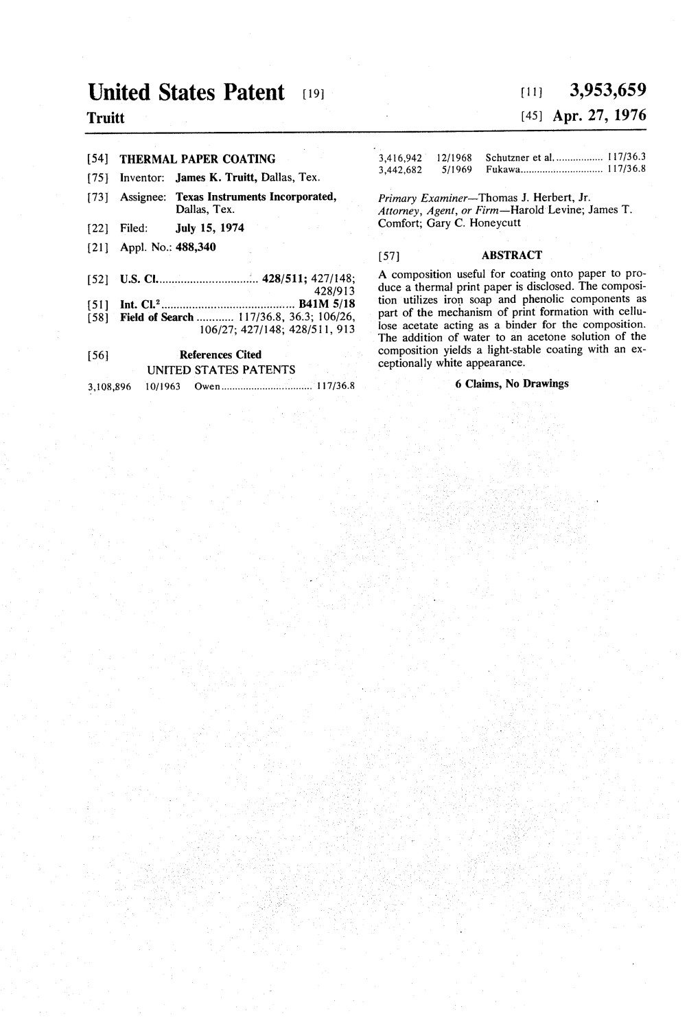 United States Patent (19) 11, 3,953,659 Truitt (45) Apr