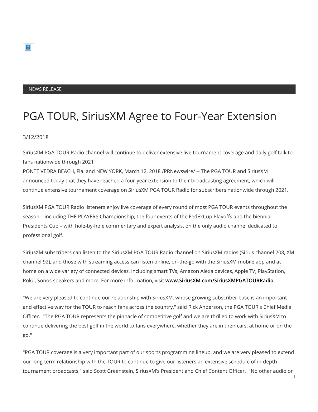 PGA TOUR, Siriusxm Agree to Four-Year Extension