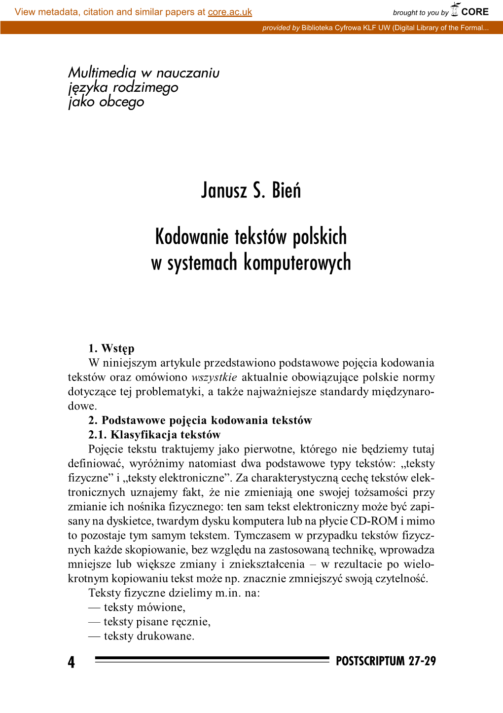 Janusz S. Bień Kodowanie Tekstów Polskich W Systemach Komputerowych