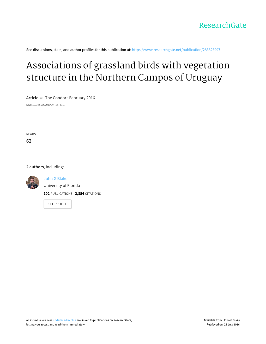 Associations of Grassland Birds with Vegetation Structure in the Northern Campos of Uruguay