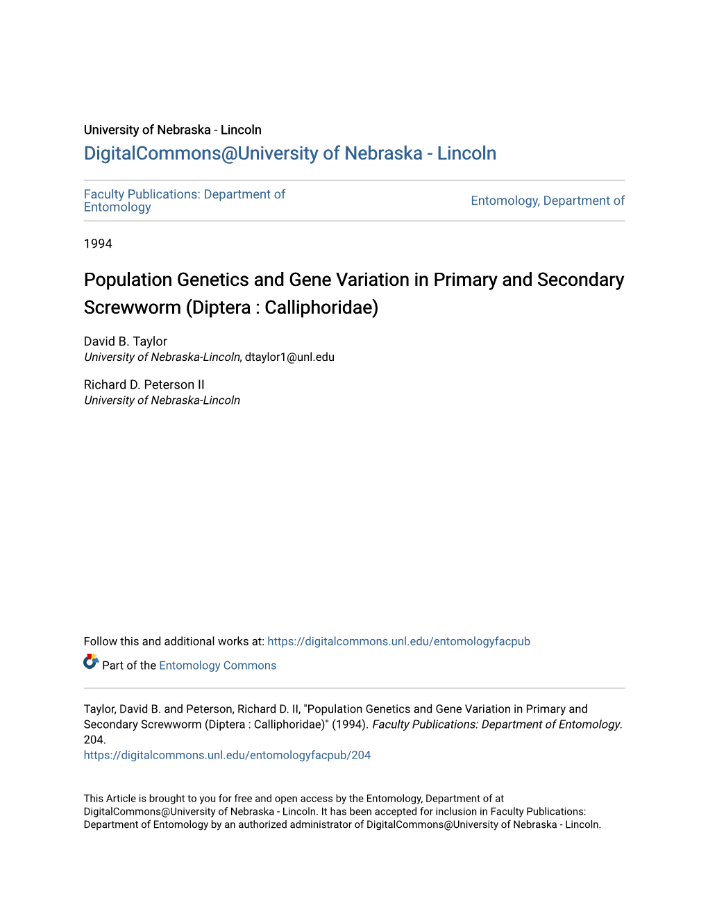 Population Genetics and Gene Variation in Primary and Secondary Screwworm (Diptera : Calliphoridae)