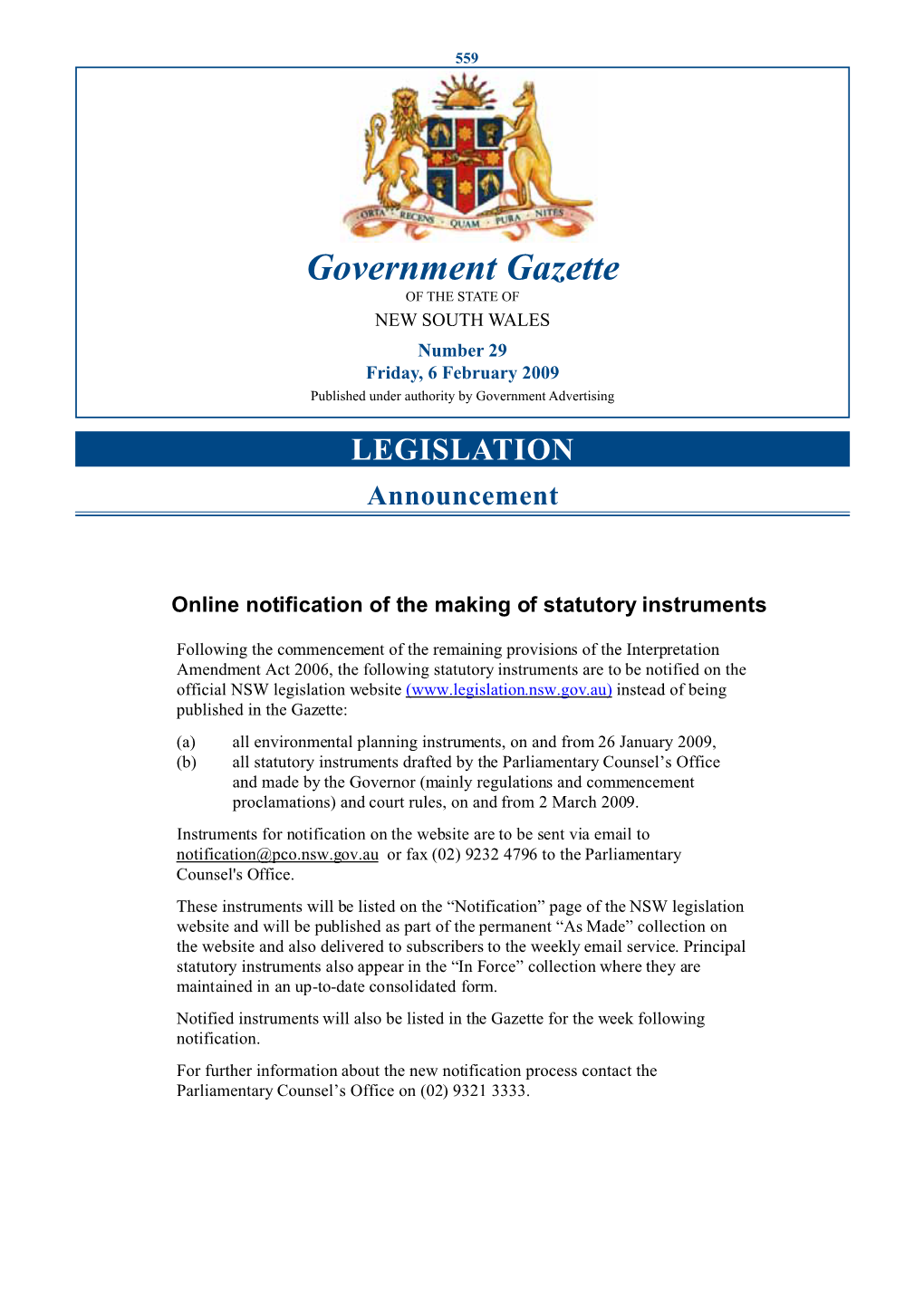 Government Gazette of the STATE of NEW SOUTH WALES Number 29 Friday, 6 February 2009 Published Under Authority by Government Advertising