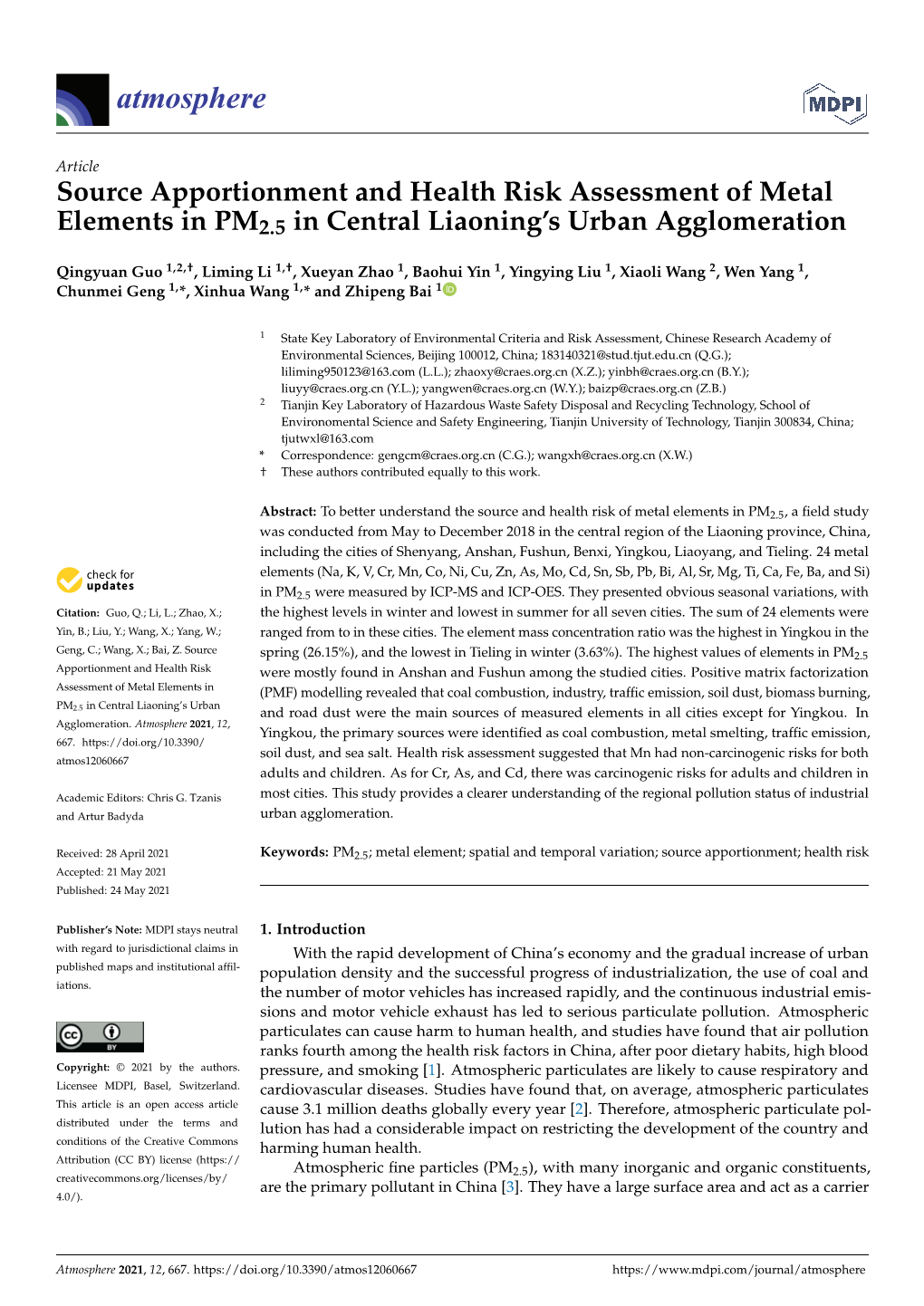 Source Apportionment and Health Risk Assessment of Metal Elements in PM2.5 in Central Liaoning’S Urban Agglomeration