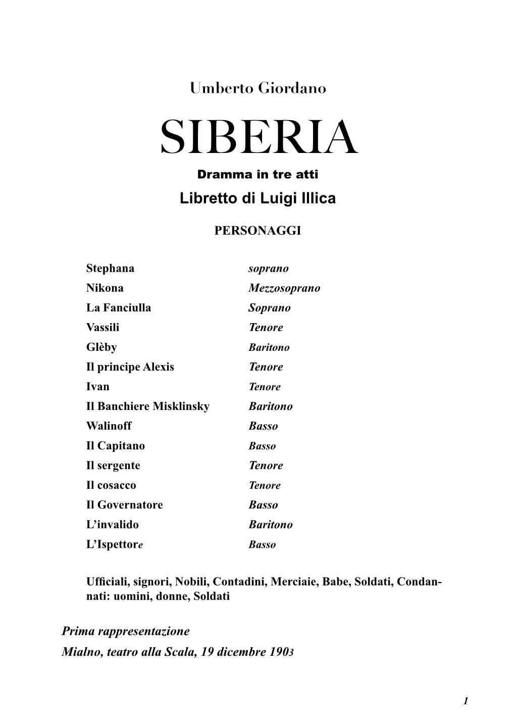 SIBERIA Dramma in Tre Atti Libretto Di Luigi Illica