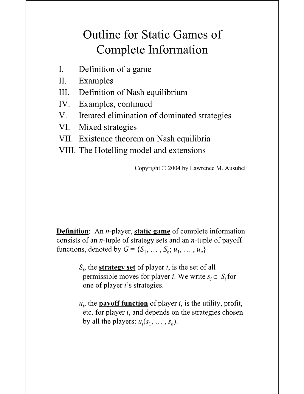 Outline for Static Games of Complete Information I