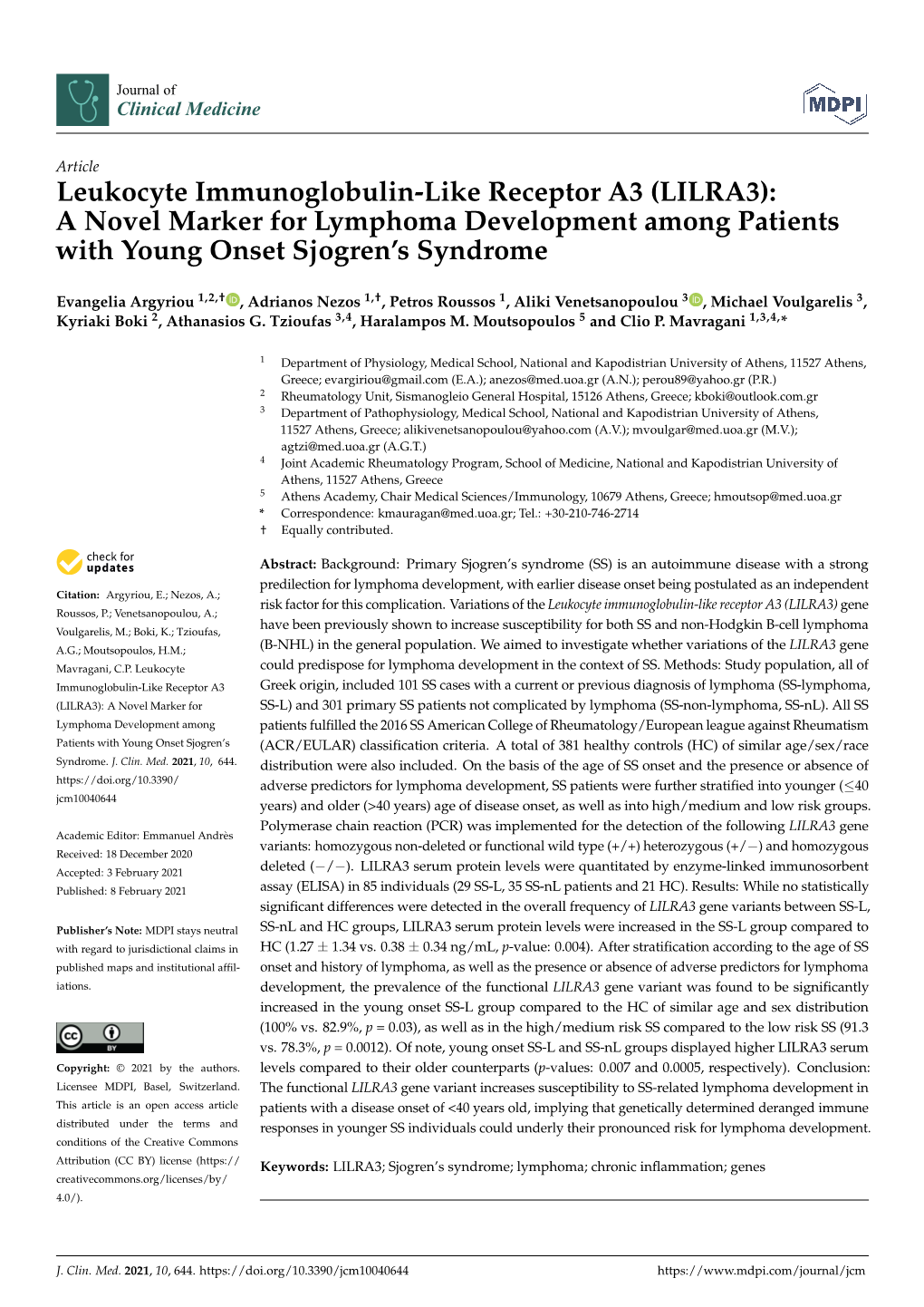 LILRA3): a Novel Marker for Lymphoma Development Among Patients with Young Onset Sjogren’S Syndrome