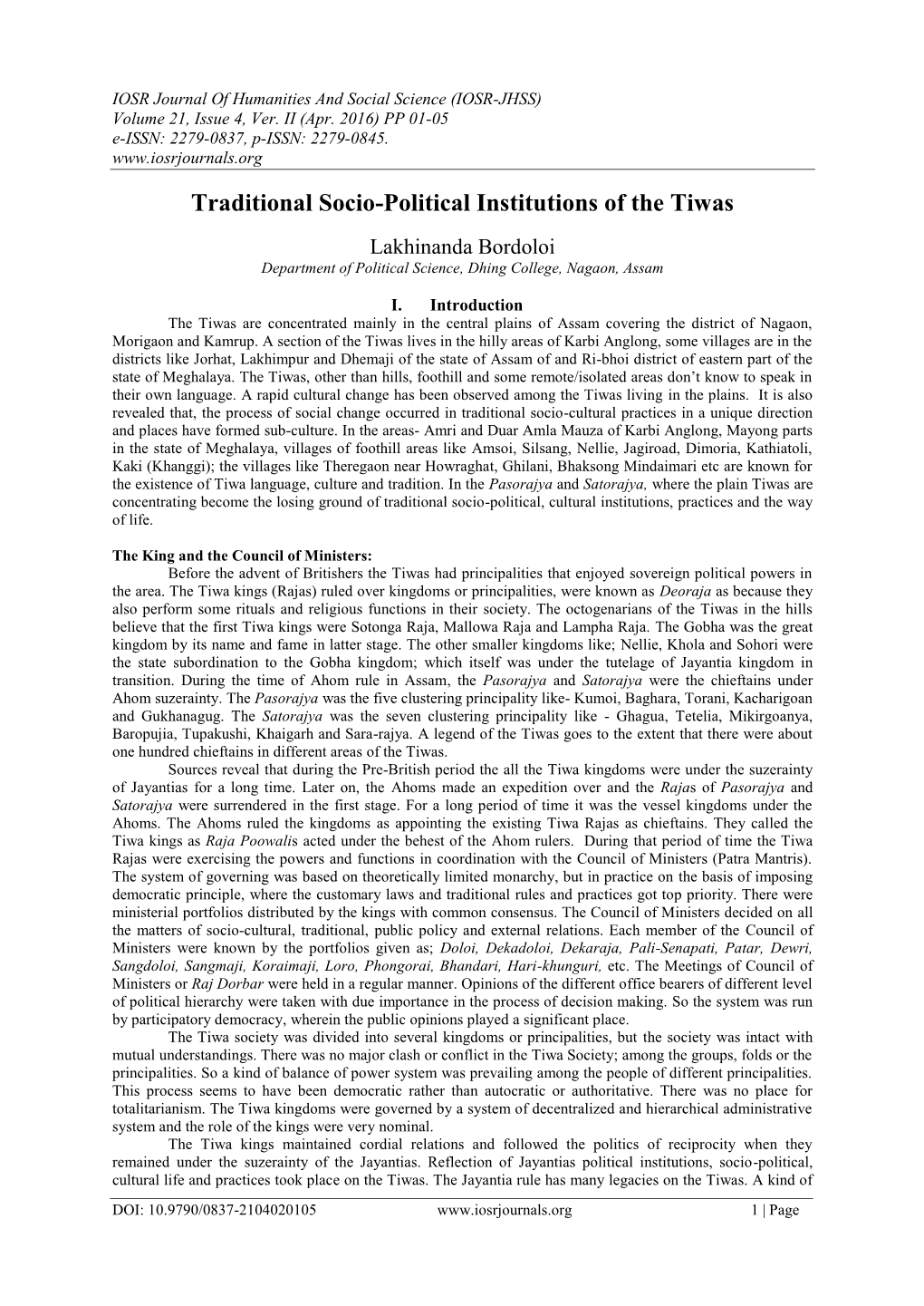 Traditional Socio-Political Institutions of the Tiwas