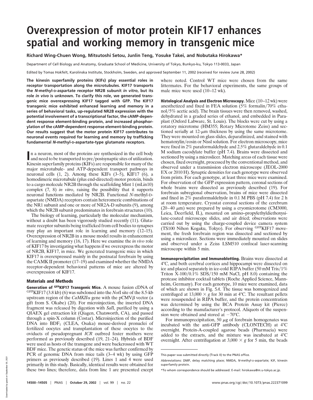 Overexpression of Motor Protein KIF17 Enhances Spatial and Working Memory in Transgenic Mice