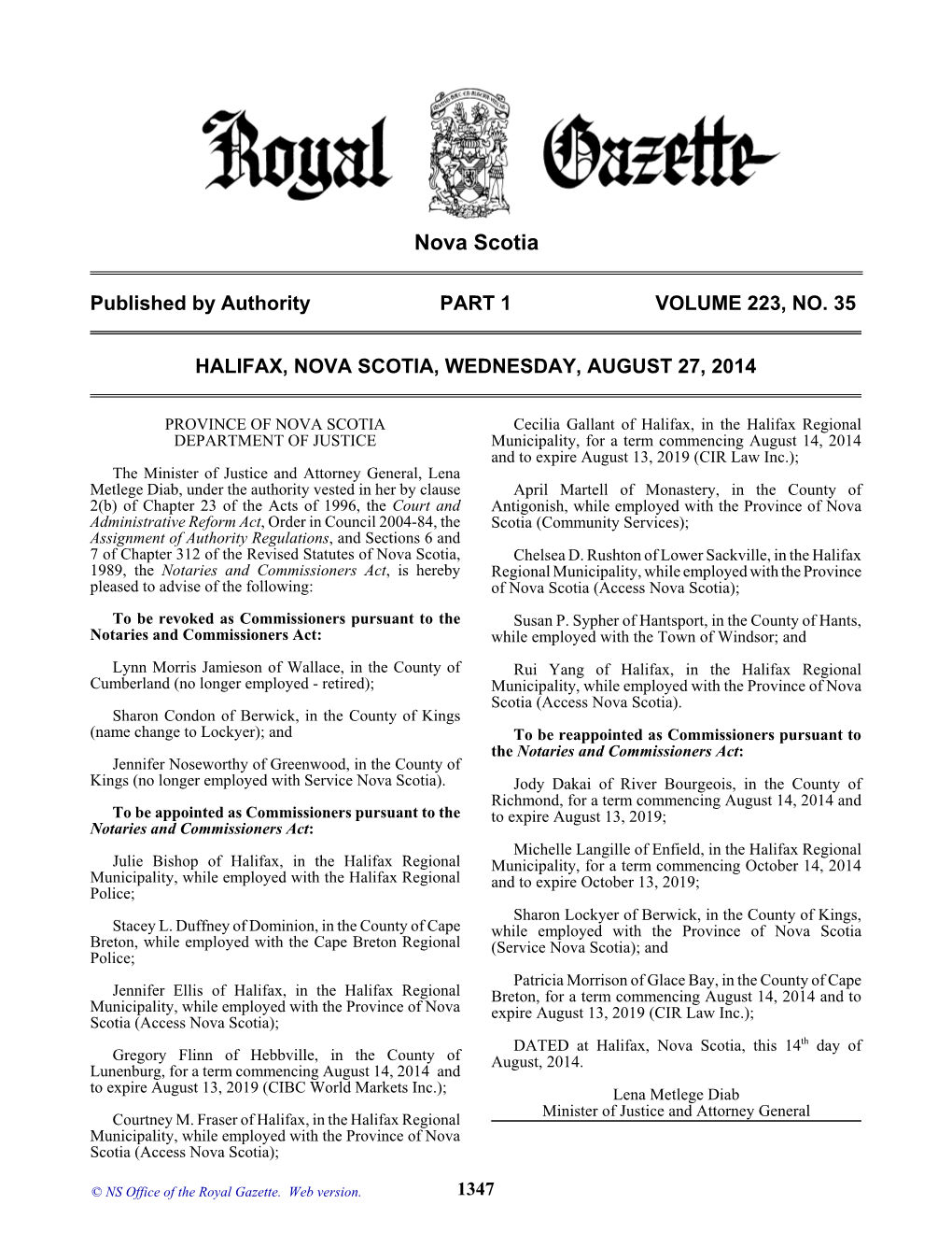 NS Royal Gazette Part I