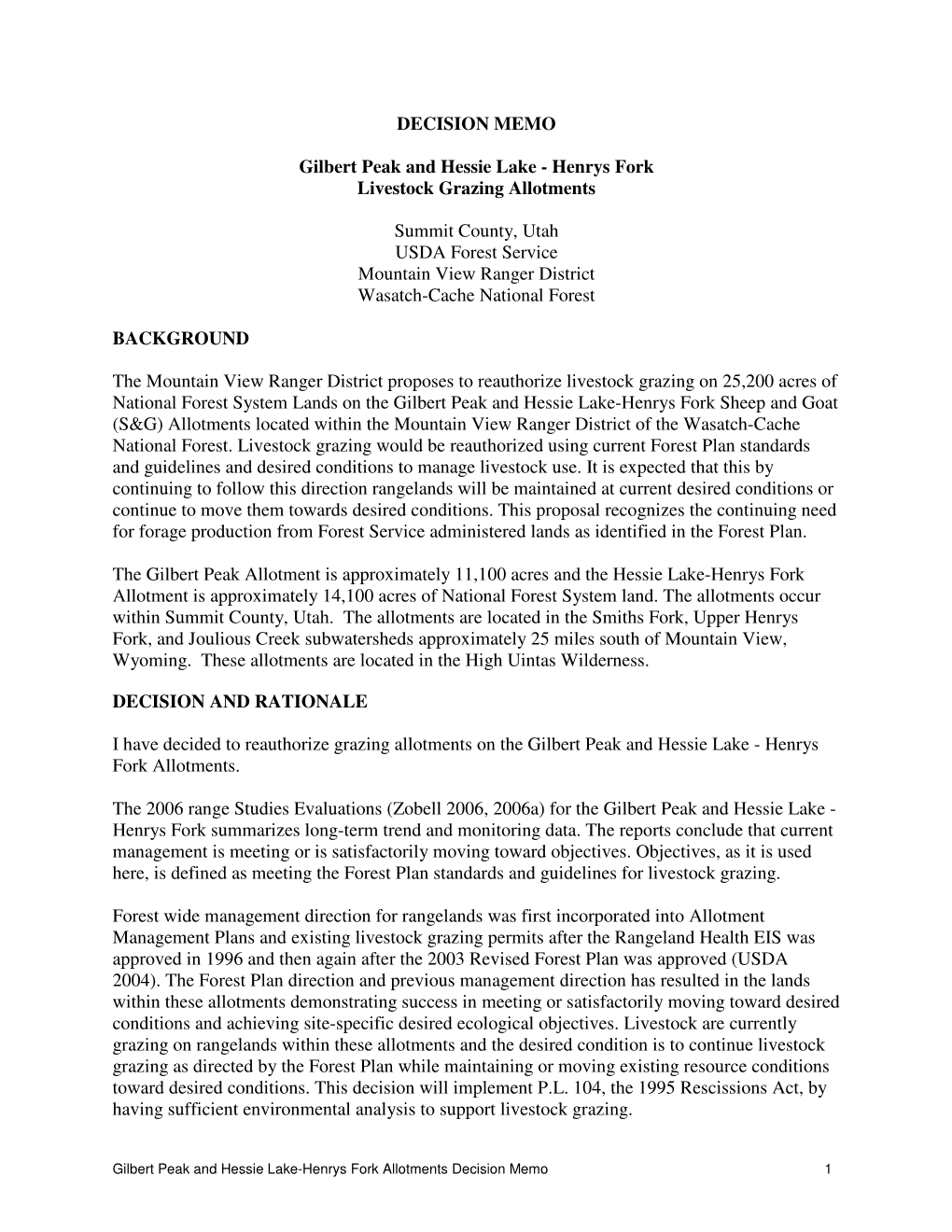 DECISION MEMO Gilbert Peak and Hessie Lake