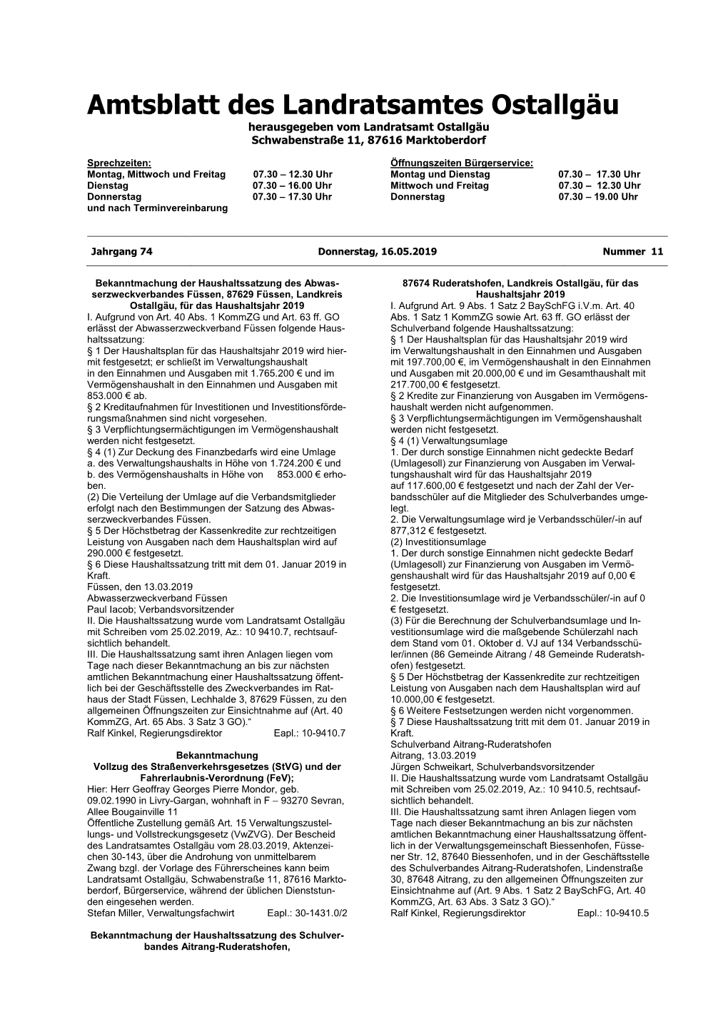 Amtsblatt Des Landratsamtes Ostallgäu Herausgegeben Vom Landratsamt Ostallgäu Schwabenstraße 11, 87616 Marktoberdorf