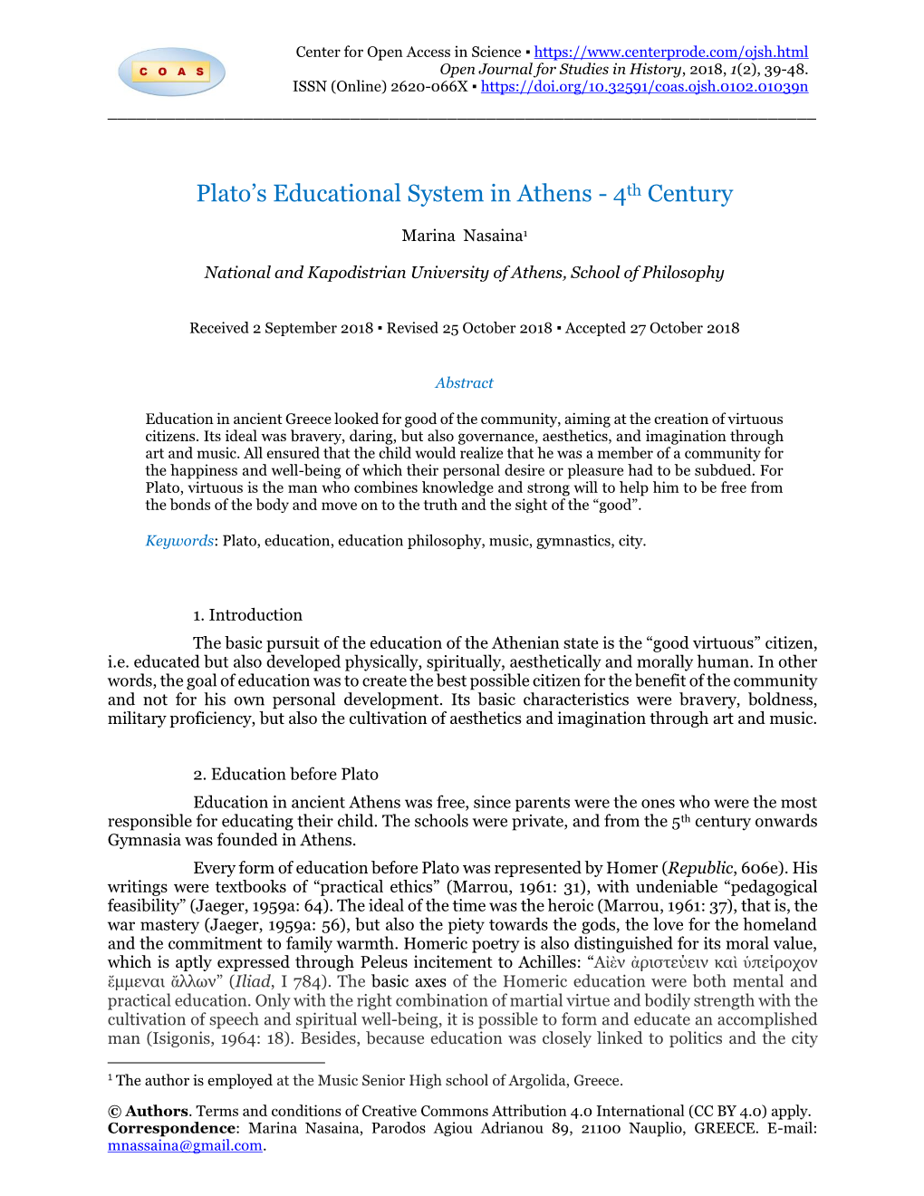 Plato's Educational System in Athens