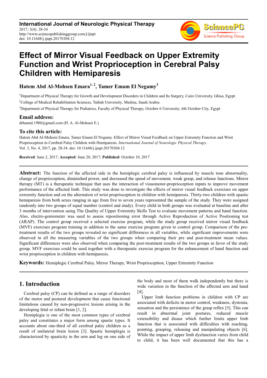 Effect of Mirror Visual Feedback on Upper Extremity Function and Wrist Proprioception in Cerebral Palsy Children with Hemiparesis