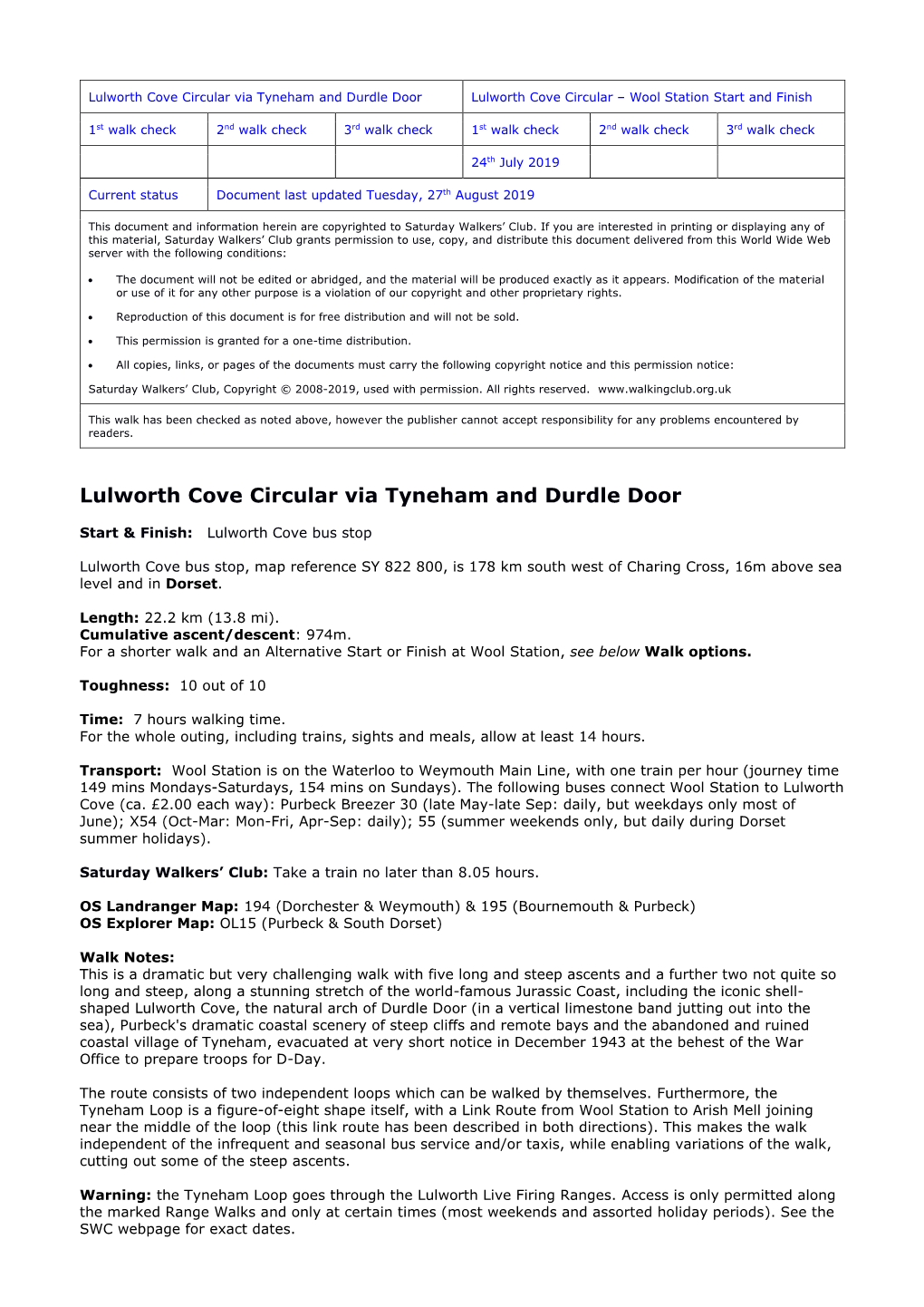 Lulworth Cove Circular Via Tyneham and Durdle Door Lulworth Cove Circular – Wool Station Start and Finish