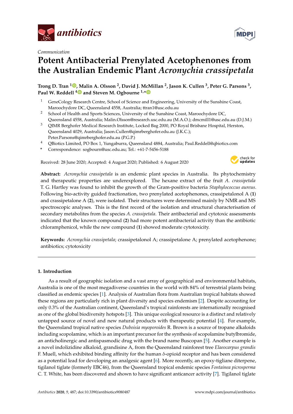 Potent Antibacterial Prenylated Acetophenones from the Australian Endemic Plant Acronychia Crassipetala