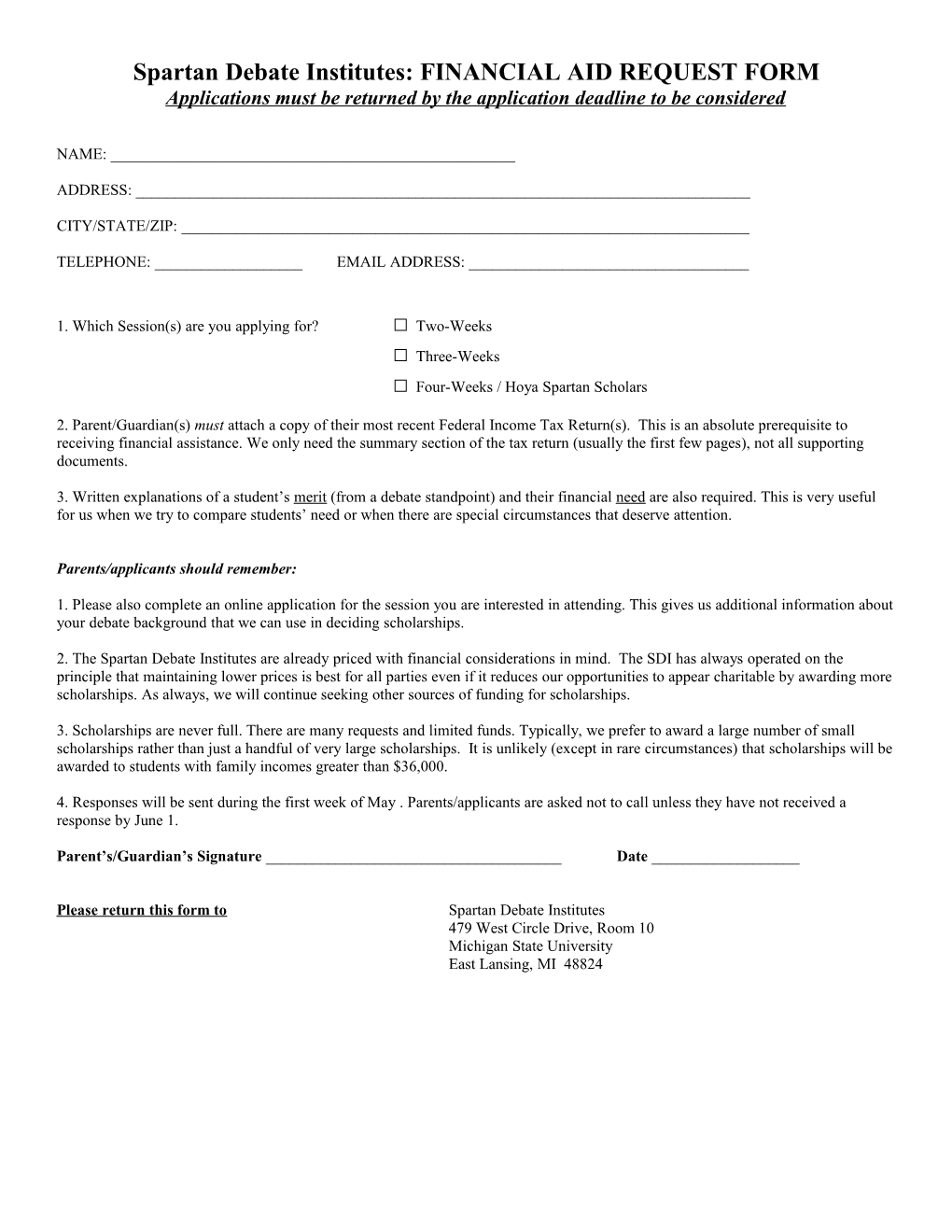 Spartan Debate Institutes: 2003 FINANCIAL AID REQUEST FORM