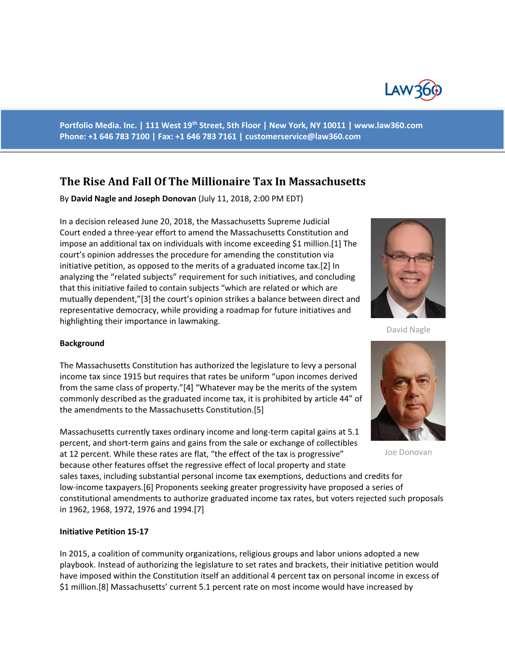 The Rise and Fall of the Millionaire Tax in Massachusetts by David Nagle and Joseph Donovan (July 11, 2018, 2:00 PM EDT)