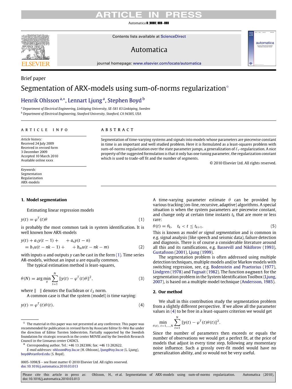 Segmentation of ARX-Models Using Sum-Of-Norms Regularization✩