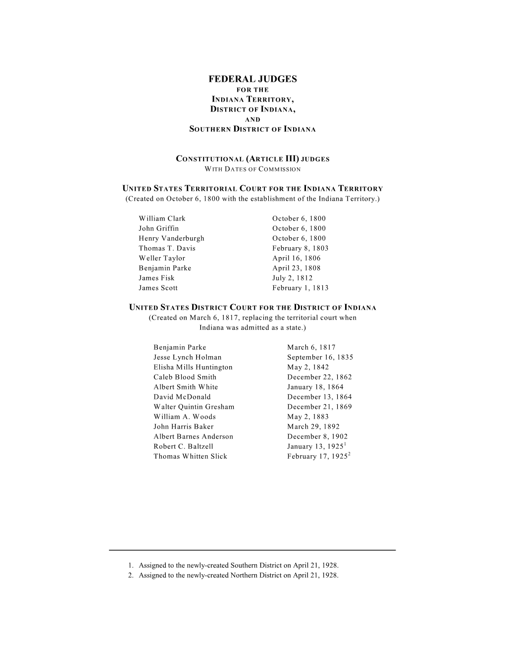 Federal Judges for the Indiana Territory, District of Indiana, and Southern District of Indiana