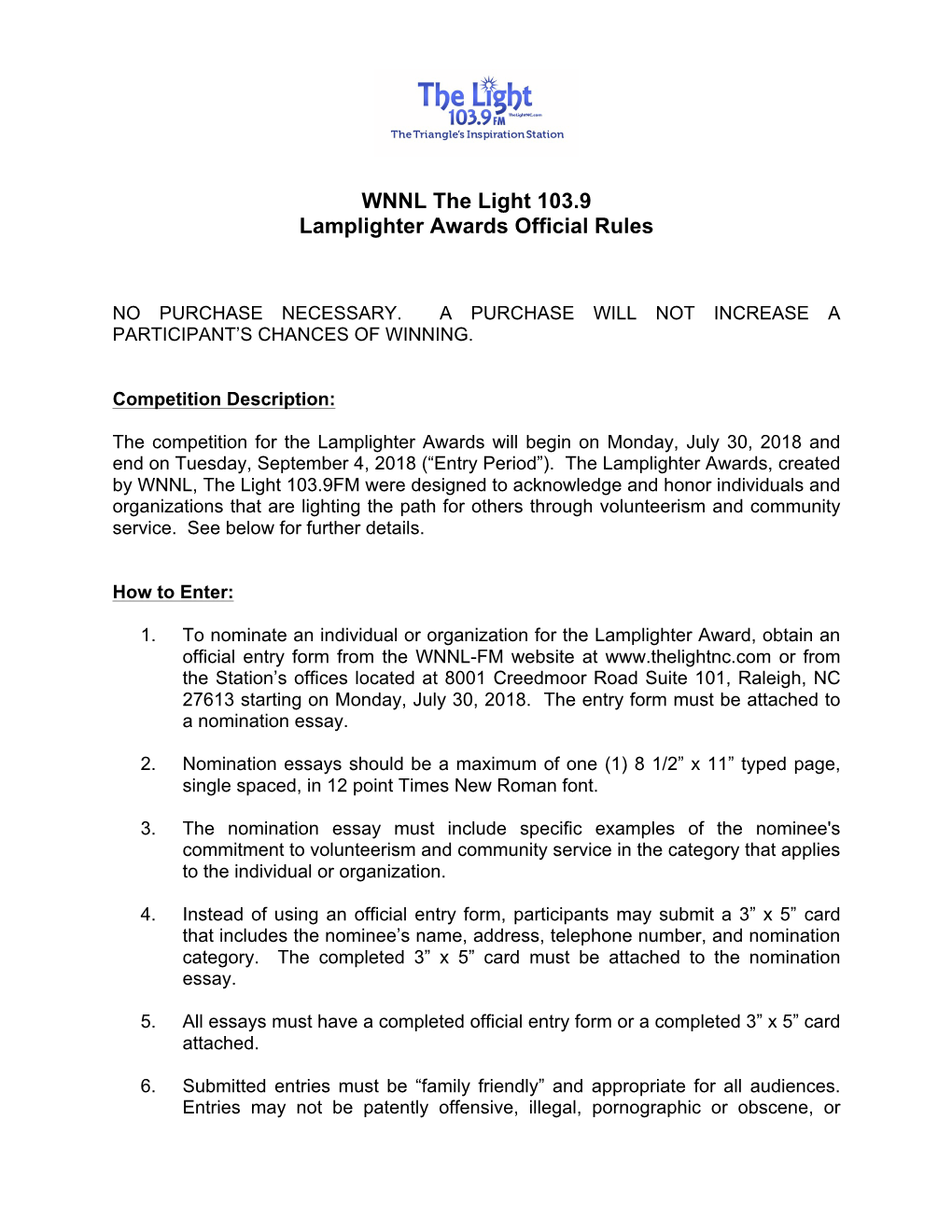 WNNL the Light 103.9 Lamplighter Awards Official Rules