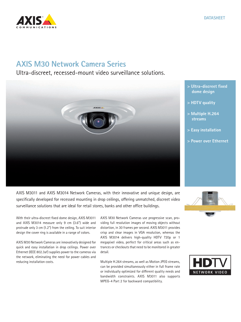 AXIS M30 Network Camera Series Ultra-Discreet, Recessed-Mount Video Surveillance Solutions