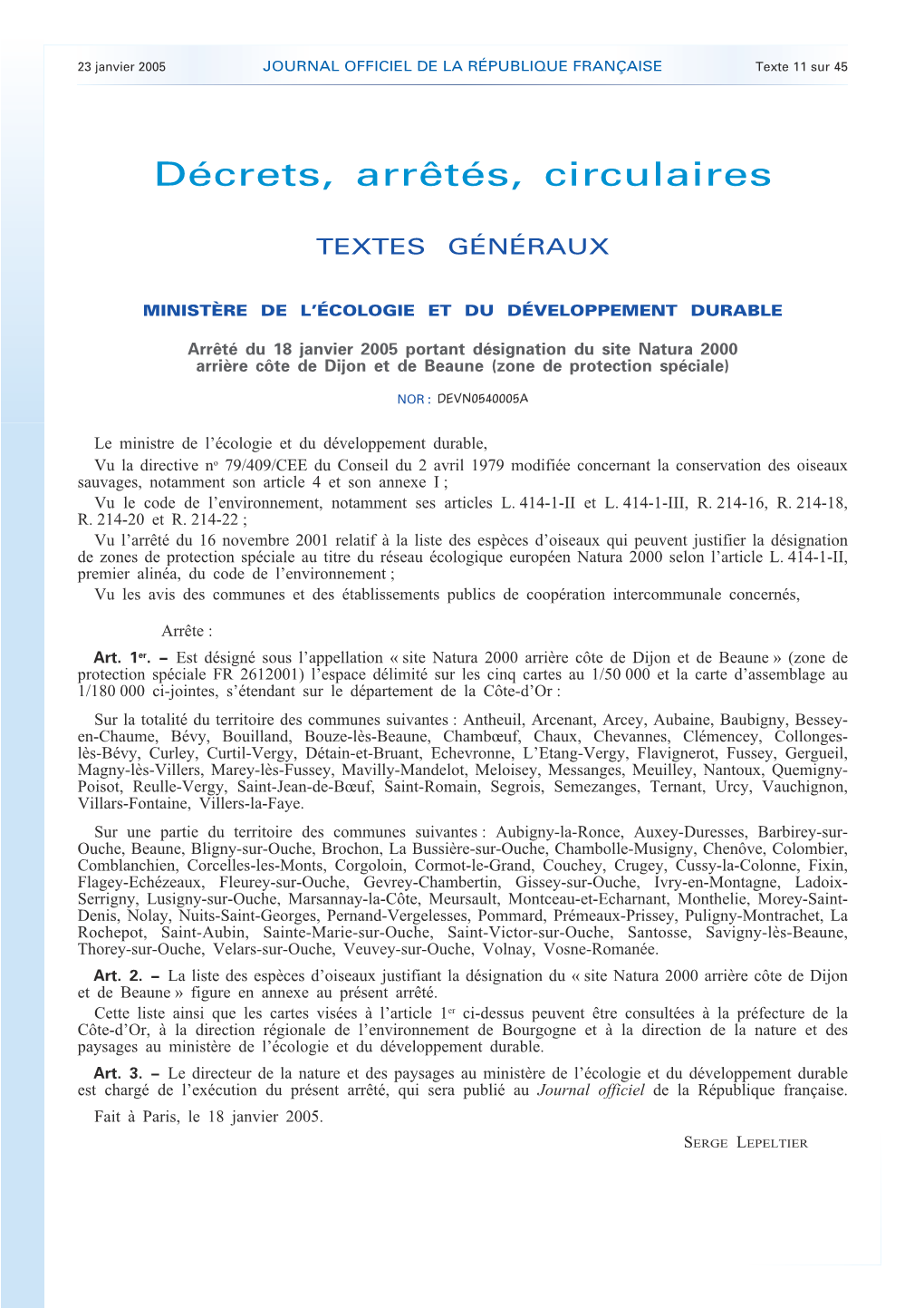 Arrêté ZPS Arrière Côte Dijon Beaune Du 18 Janvier 2005