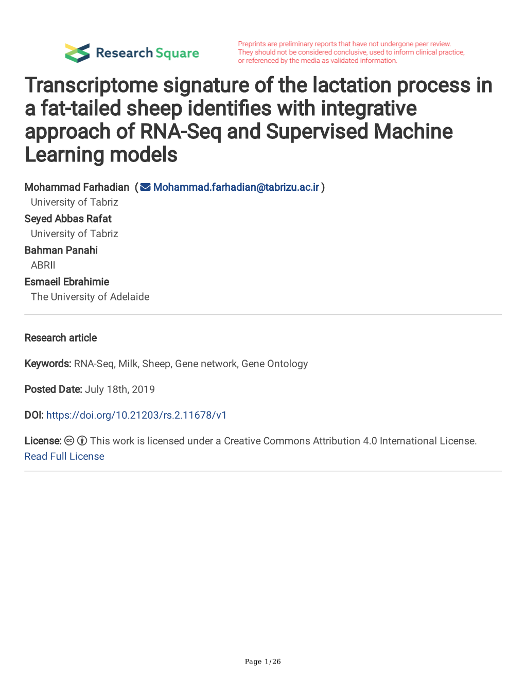 Transcriptome Signature of the Lactation Process in a Fat-Tailed Sheep Identifes with Integrative Approach of RNA-Seq and Supervised Machine Learning Models