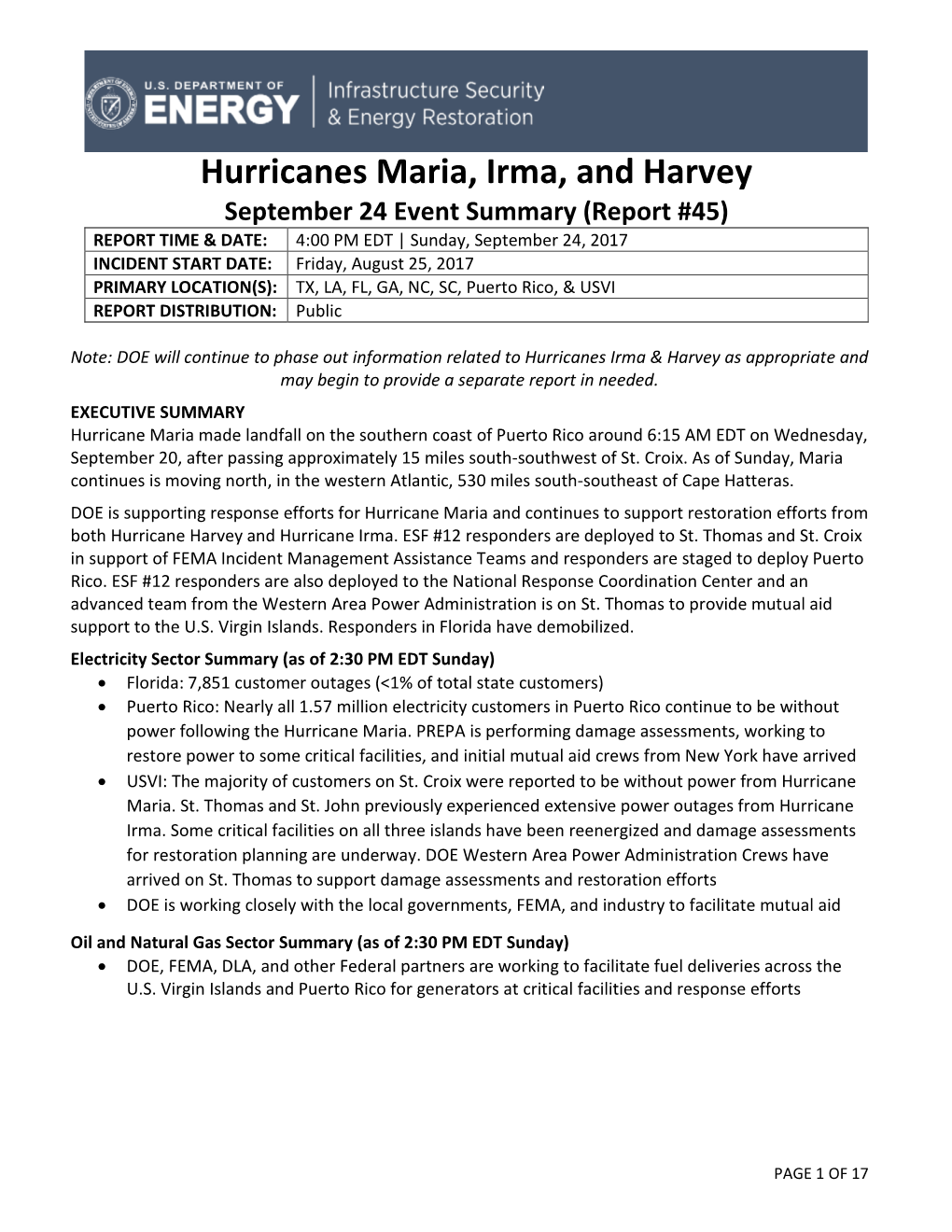 Hurricanes Maria, Irma, and Harvey