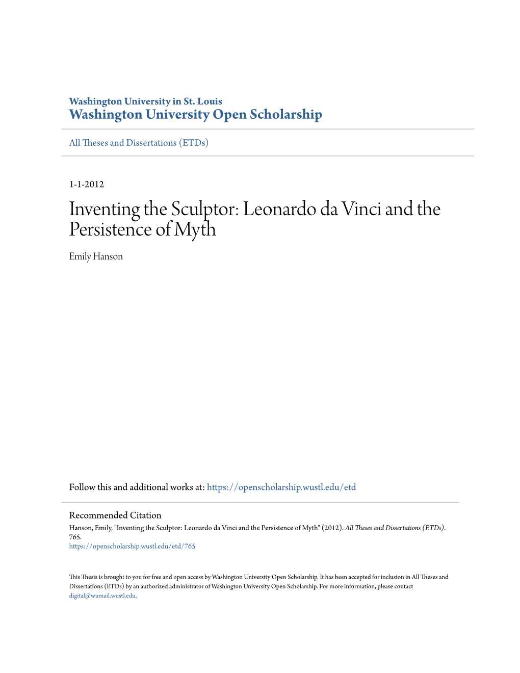 Leonardo Da Vinci and the Persistence of Myth Emily Hanson