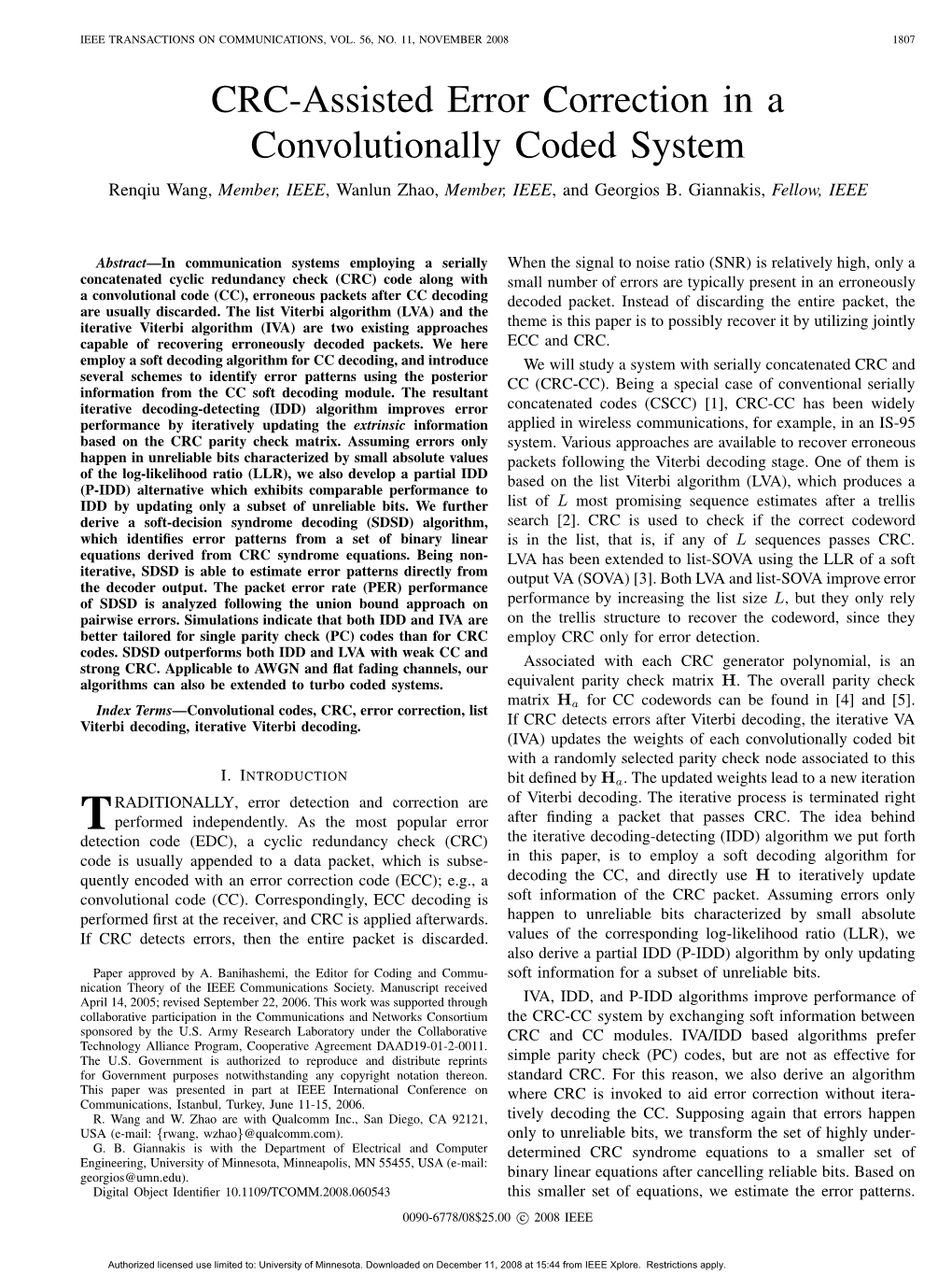 CRC-Assisted Error Correction in a Convolutionally Coded System Renqiu Wang, Member, IEEE, Wanlun Zhao, Member, IEEE, and Georgios B