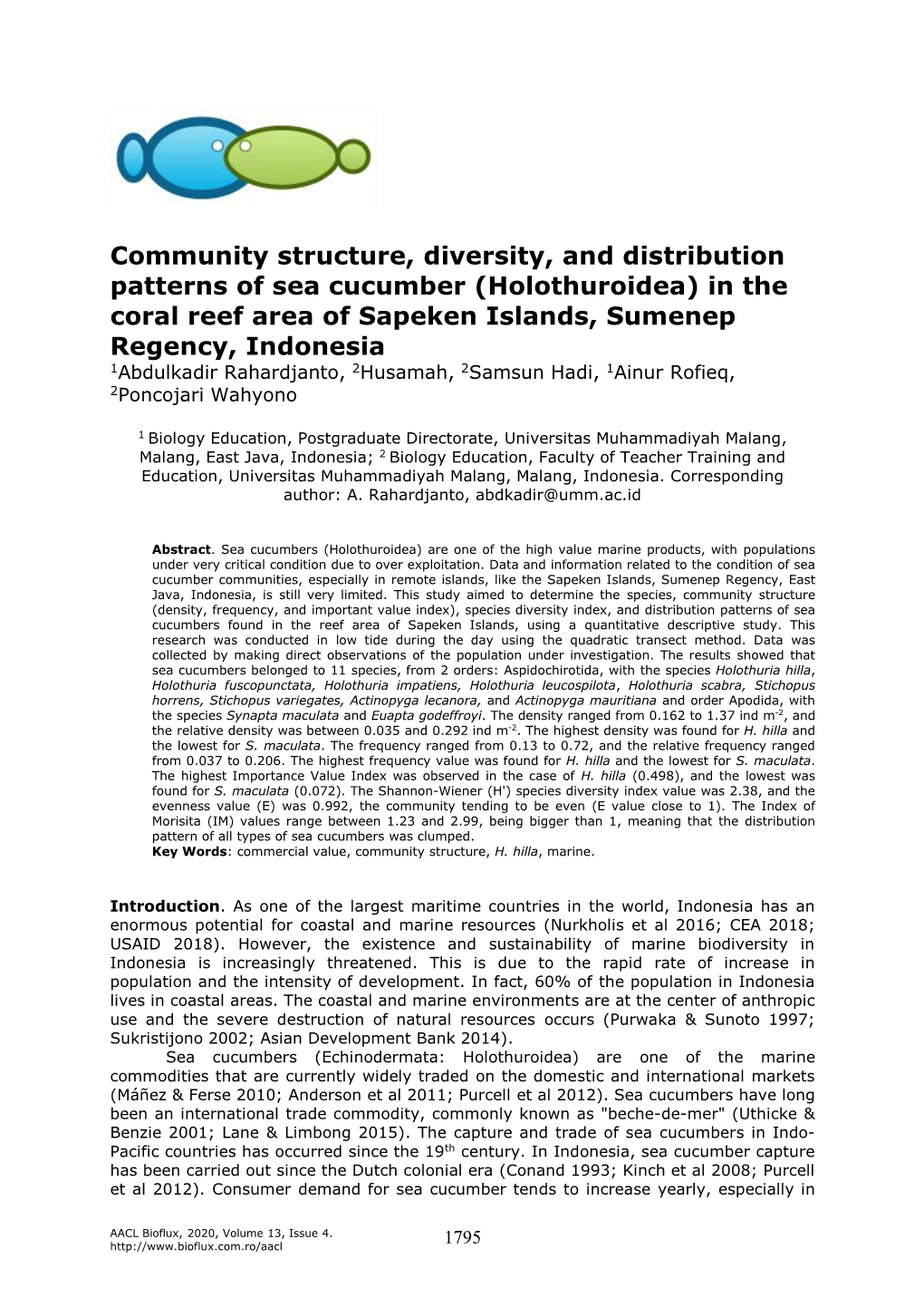 Community Structure, Diversity, and Distribution Patterns of Sea Cucumber