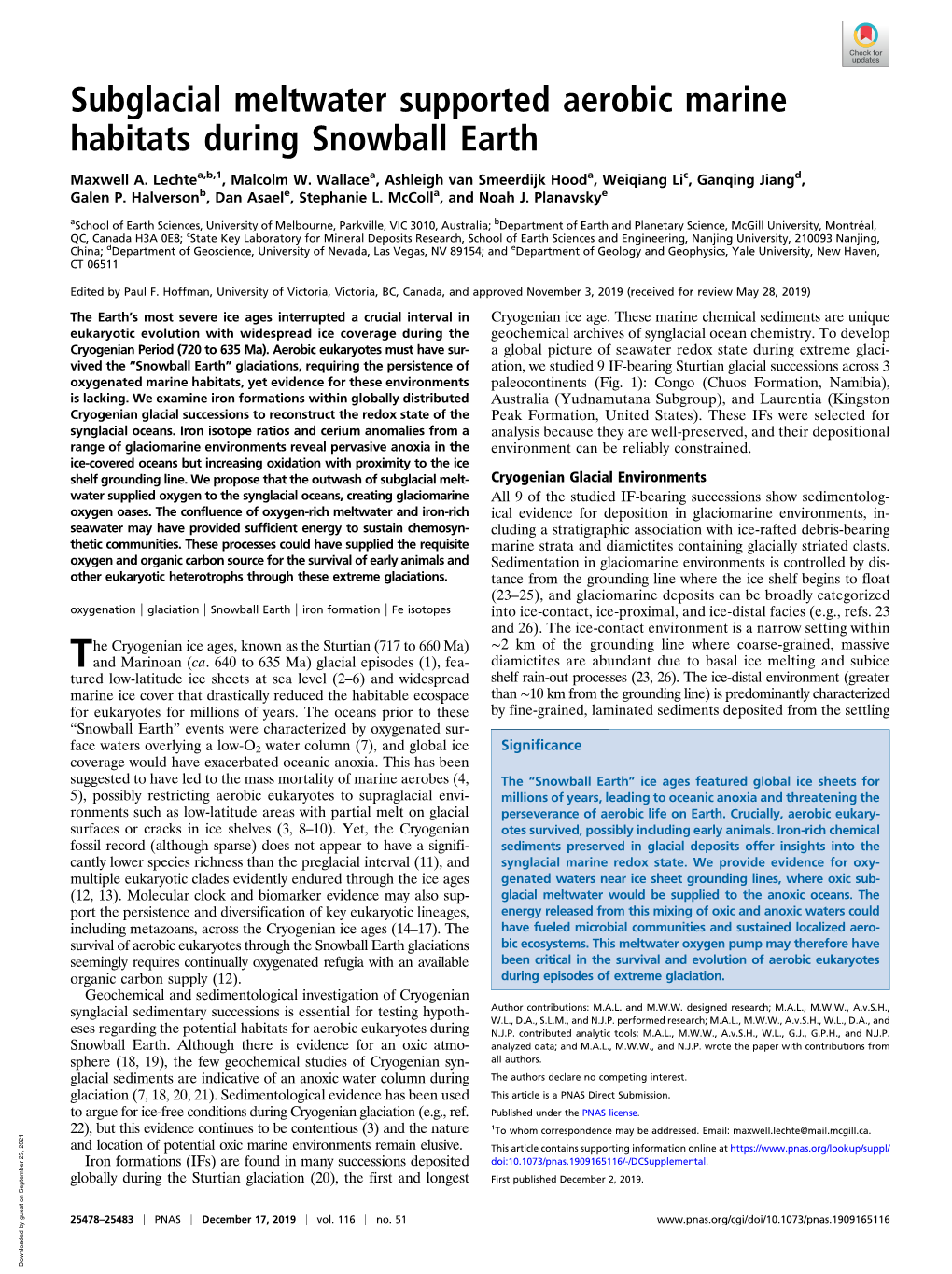 Subglacial Meltwater Supported Aerobic Marine Habitats During Snowball Earth