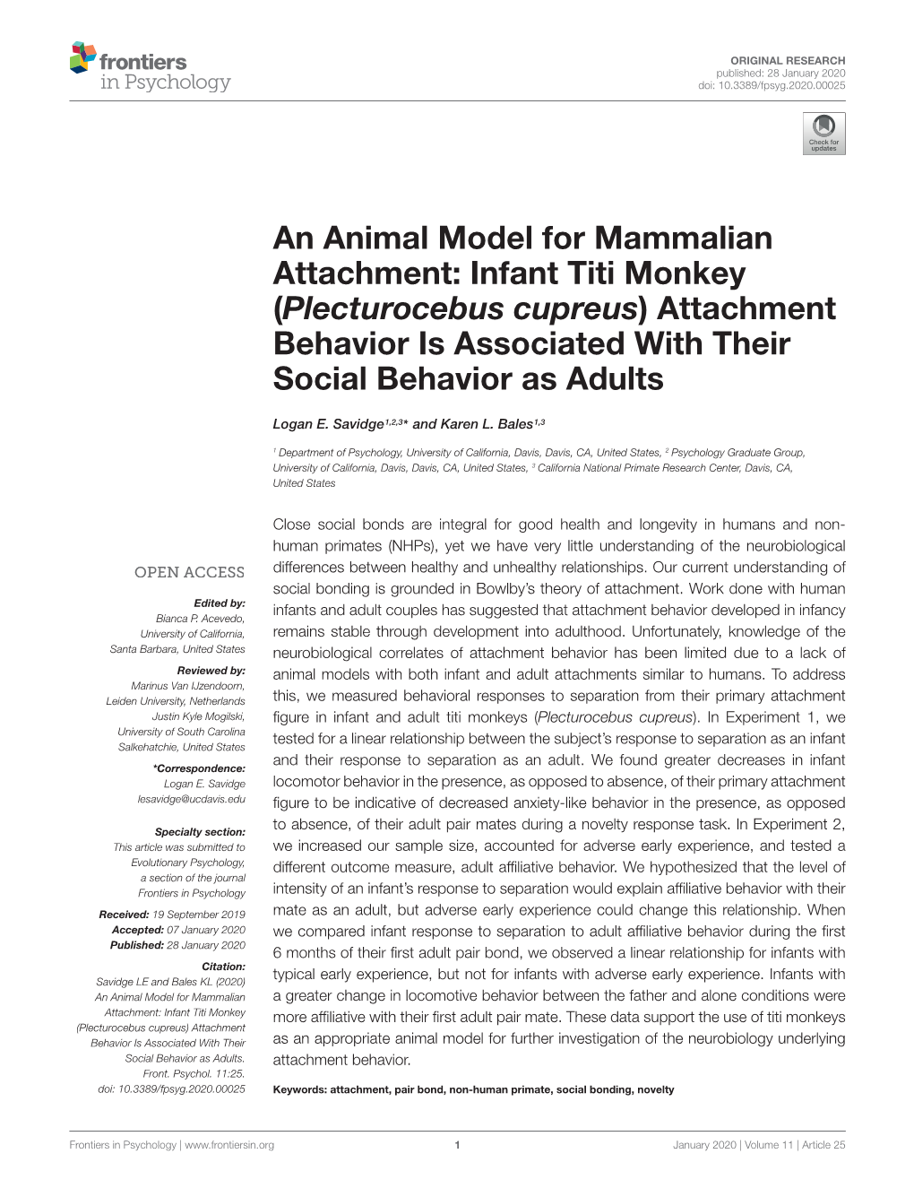 Infant Titi Monkey (Plecturocebus Cupreus) Attachment Behavior Is Associated with Their Social Behavior As Adults