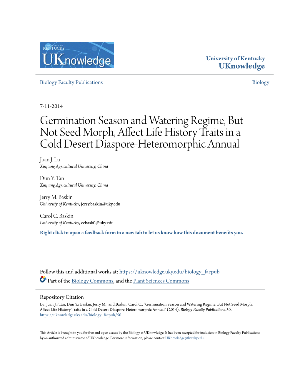 Germination Season and Watering Regime, but Not Seed Morph, Affect Life History Traits in a Cold Desert Diaspore-Heteromorphic Annual Juan J