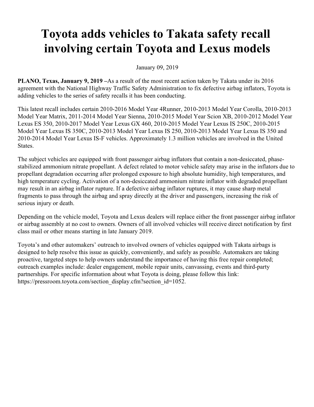Toyota Adds Vehicles to Takata Safety Recall Involving Certain Toyota and Lexus Models