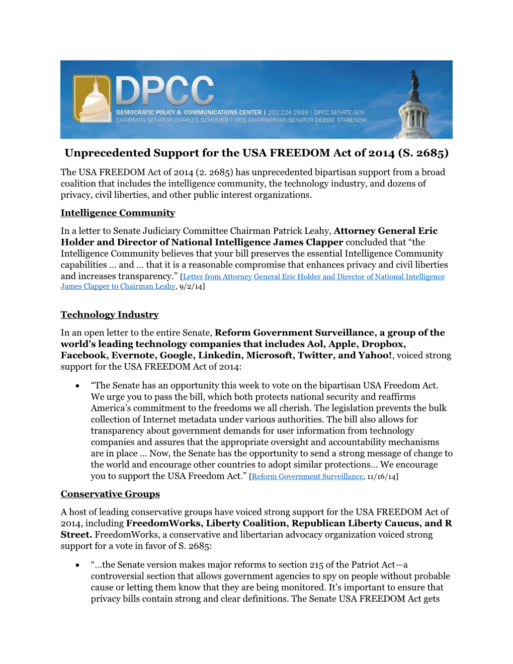 Unprecedented Support for the USA FREEDOM Act of 2014 (S. 2685) the USA FREEDOM Act of 2014 (2