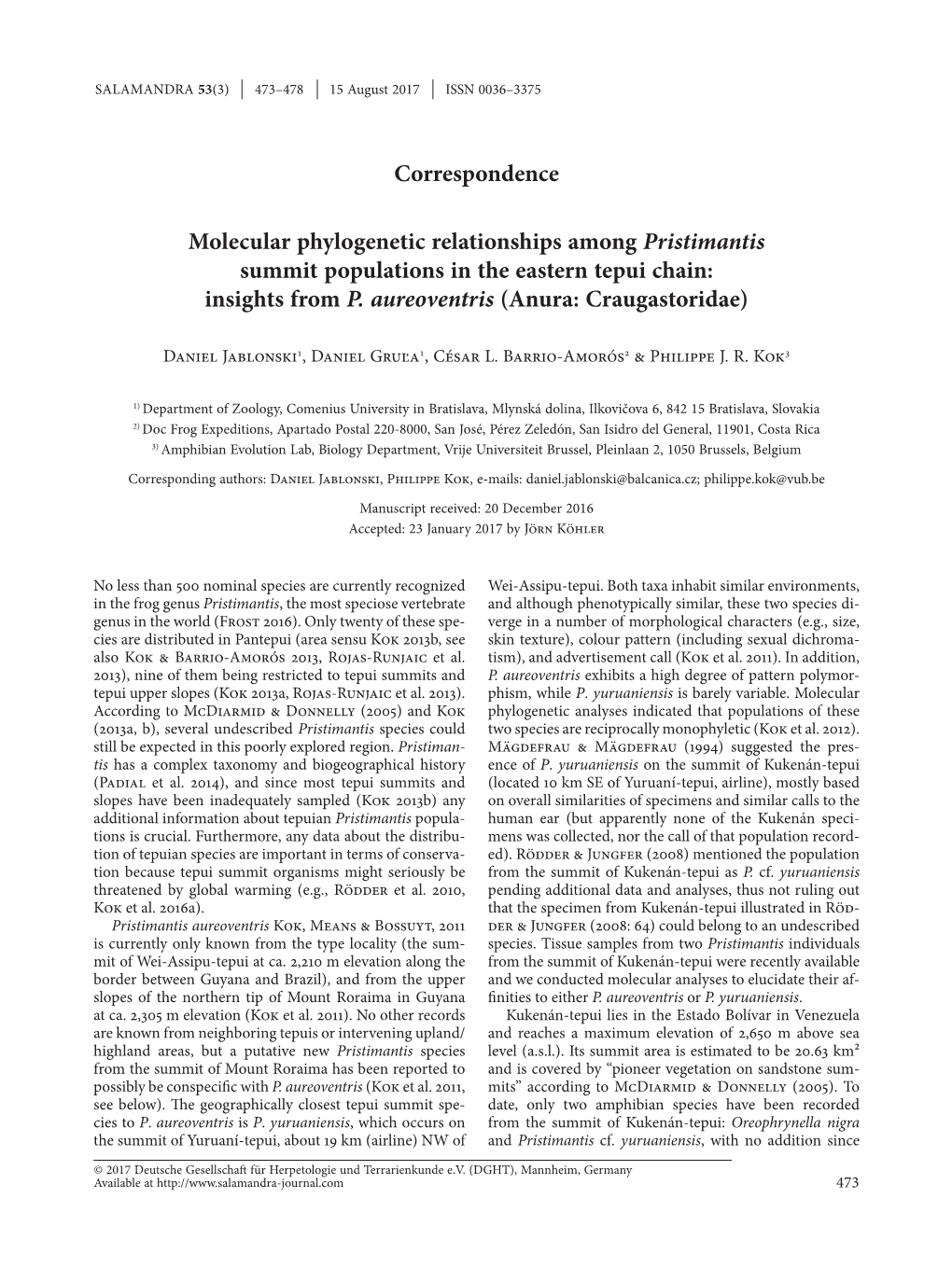 Molecular Phylogenetic Relationships Among Pristimantis Summit Populations in the Eastern Tepui Chain: Insights from P