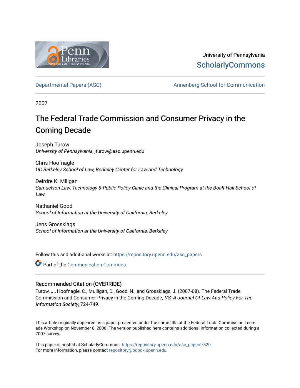 The Federal Trade Commission and Consumer Privacy in the Coming Decade