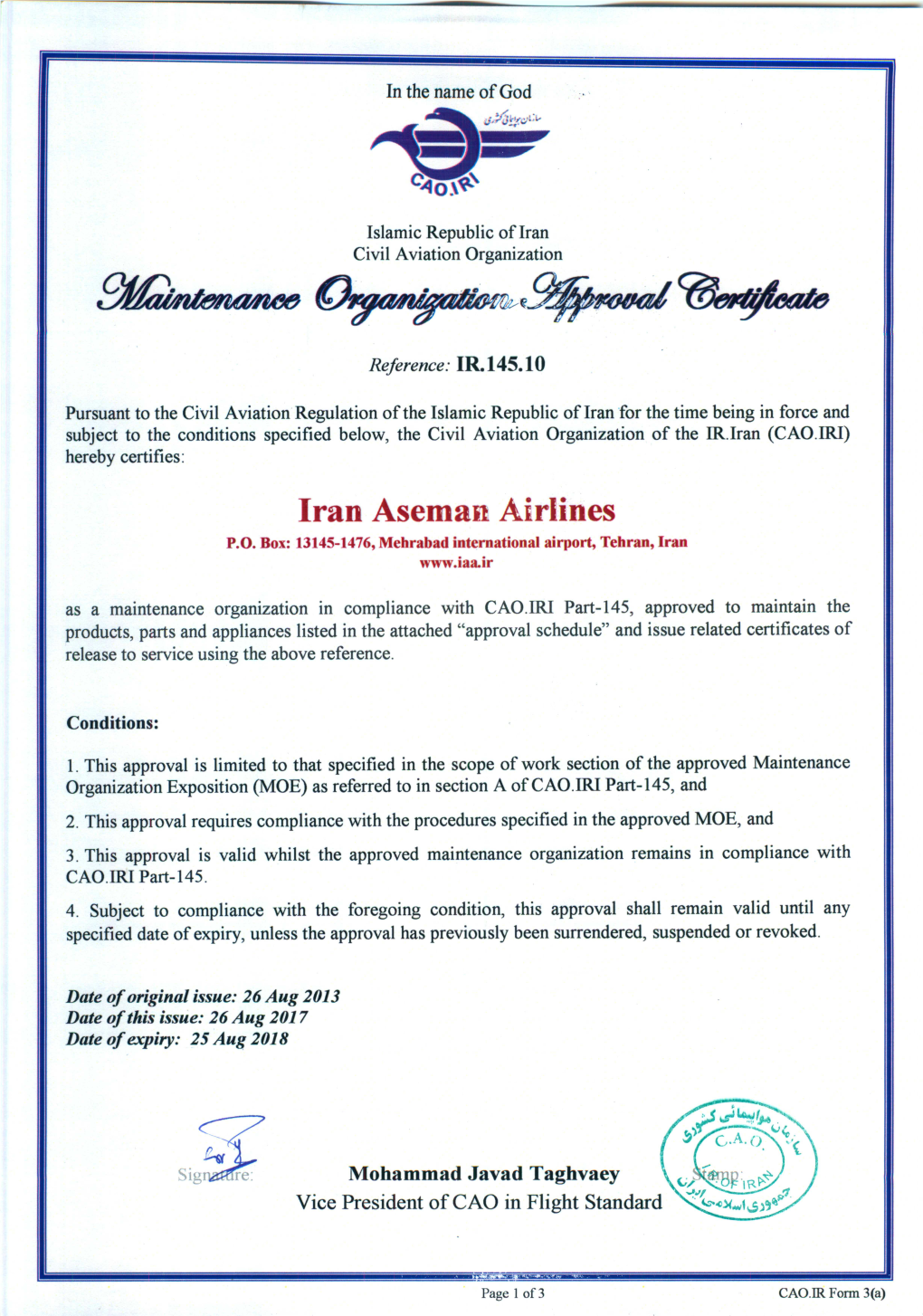 Iran Aseman Airlines P.O