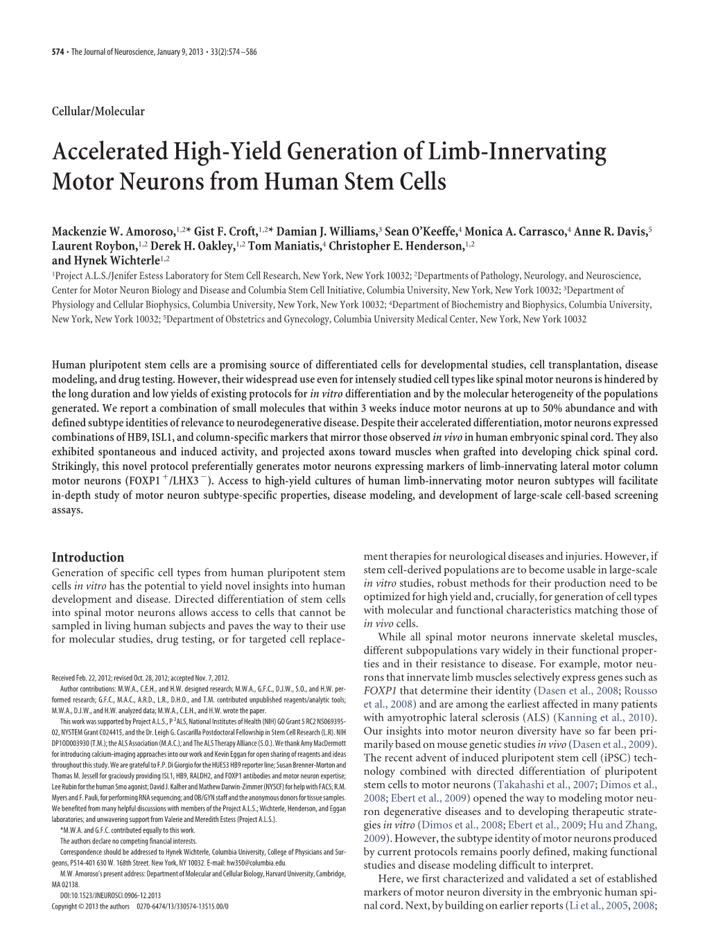 Accelerated High-Yield Generation of Limb-Innervating Motor Neurons from Human Stem Cells