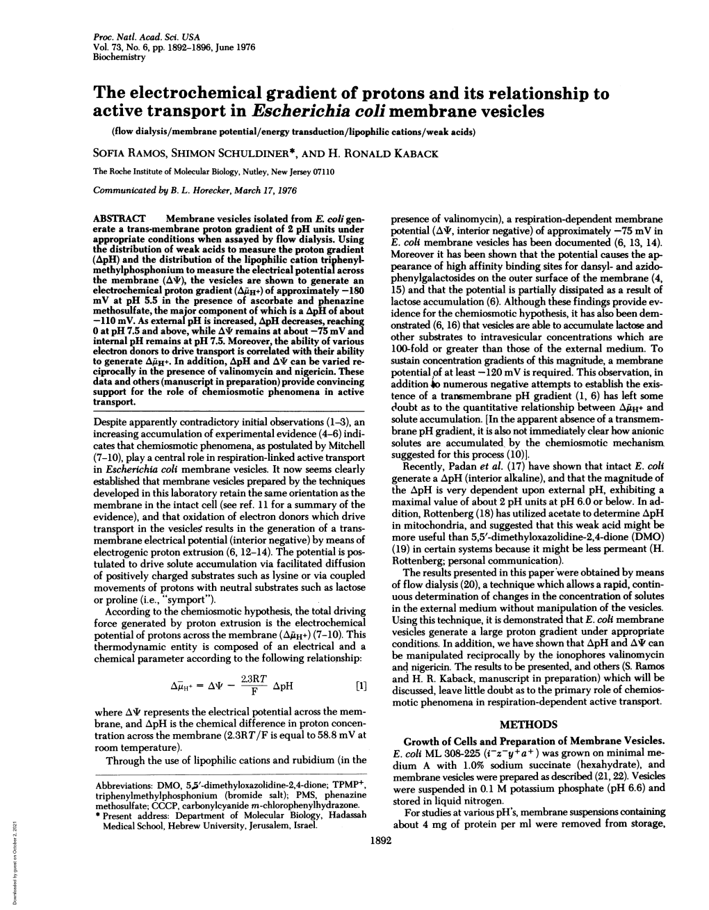 The Electrochemical Gradient of Protons and Its Relationship to Active Transport in Escherichia Coli Membrane Vesicles