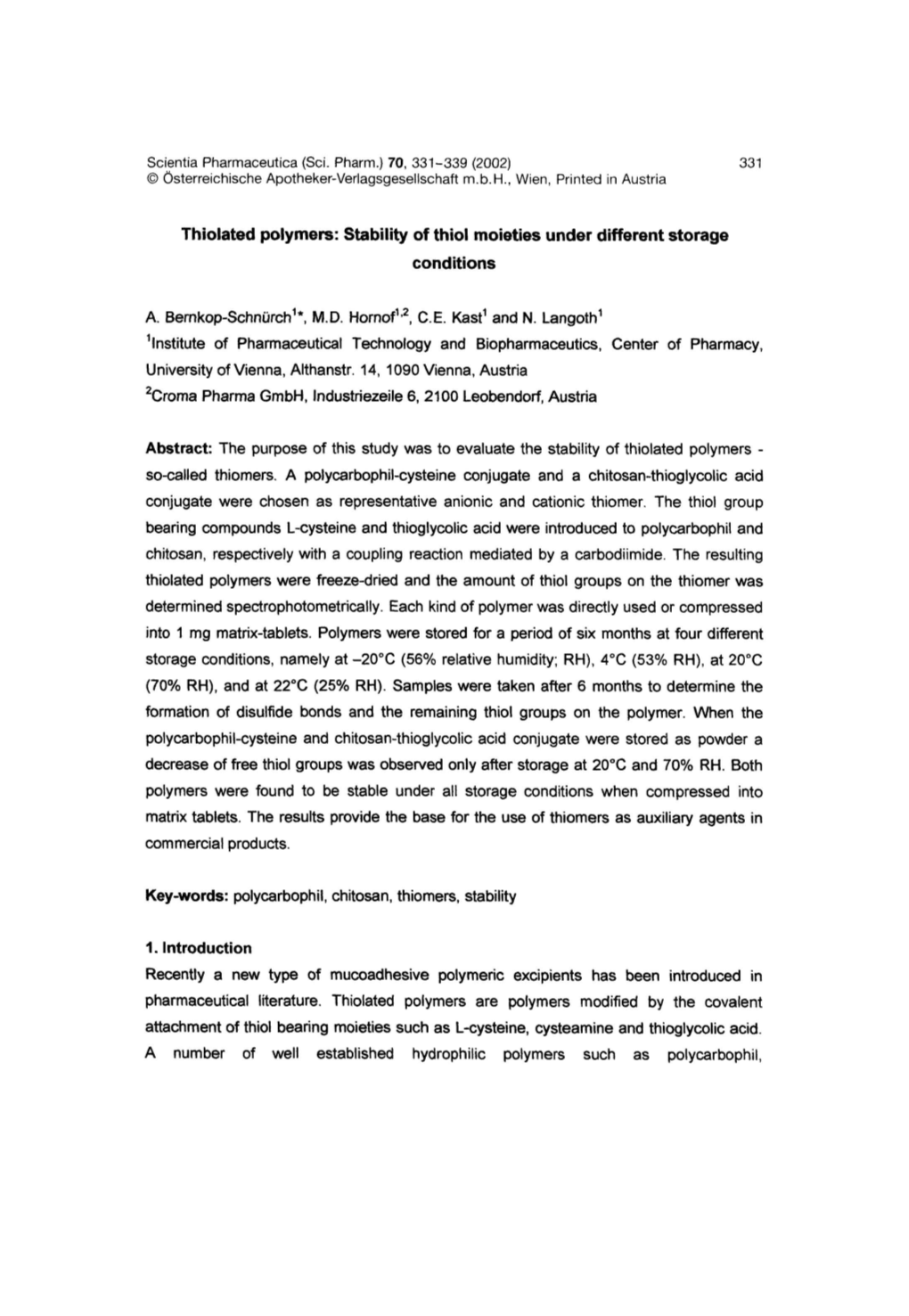 Thiolated Polymers: Stability of Thiol Moieties Under Different Storage Conditions