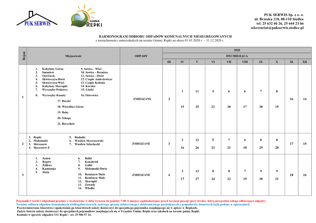 HARMONOGRAM ODBIORU ODPADÓW KOMUNALNYCH NIESEGREGOWANYCH Z Nieruchomości Zamieszkałych Na Terenie Gminy Repki Na Okres 01.03.2020 R