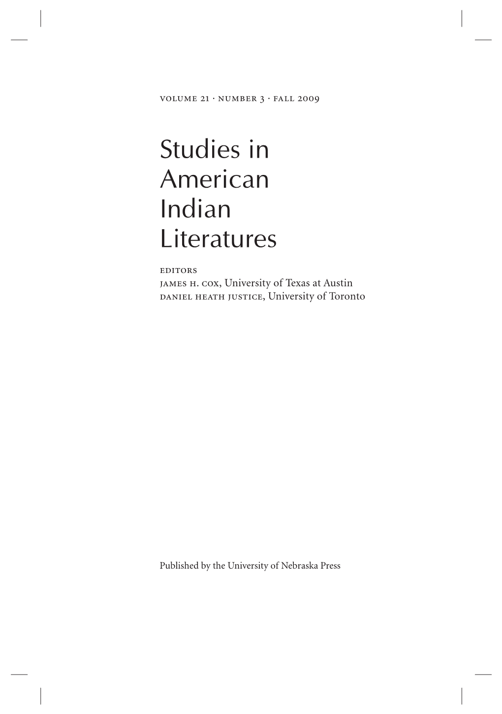 Studies in American Indian Literatures Editors James H