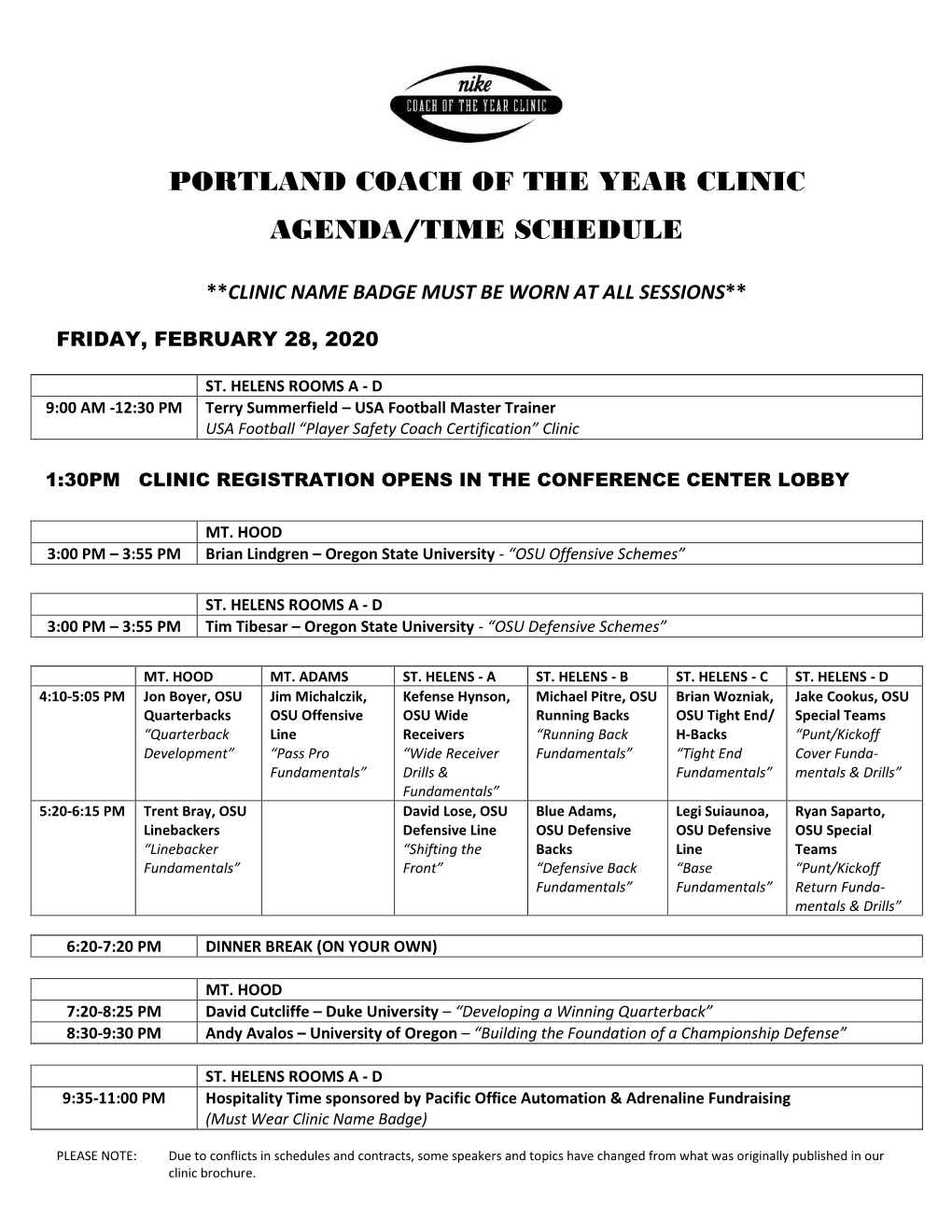 Portland Coach of the Year Clinic Agenda/Time Schedule