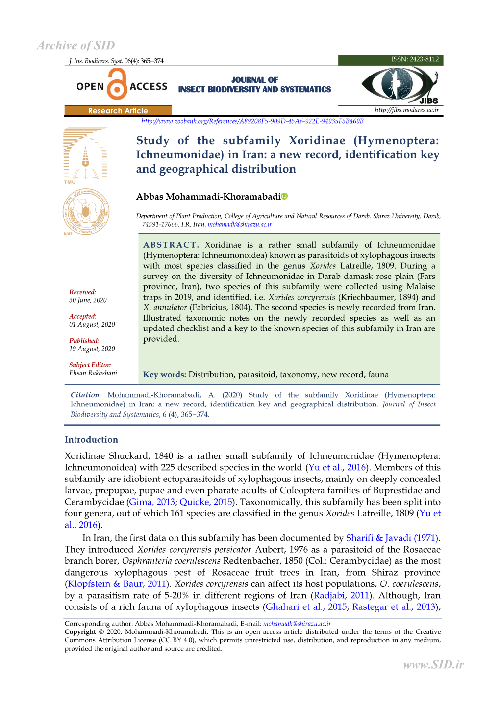 Study of the Subfamily Xoridinae (Hymenoptera: Ichneumonidae) in Iran: a New Record, Identification Key and Geographical Distribution