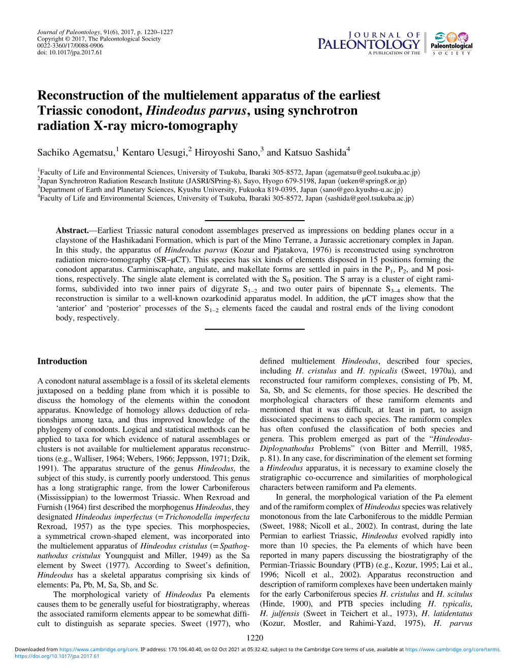 Reconstruction of the Multielement Apparatus of the Earliest Triassic Conodont, Hindeodus Parvus, Using Synchrotron Radiation X-Ray Micro-Tomography